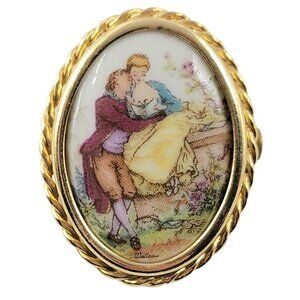 Limoges France Gold Tone Painted Romantic Couple Porcelain Cameo Brooch